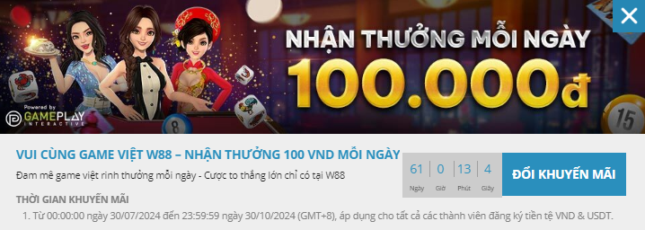 nhận thưởng mỗi ngày cùng w88