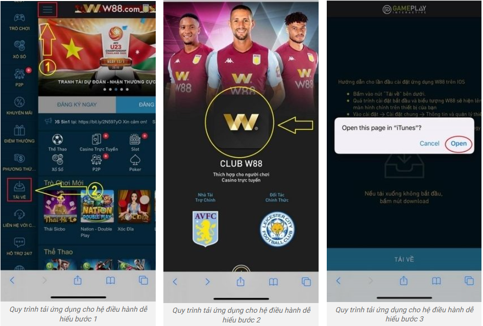 hướng dẫn 3 bước tải app w88