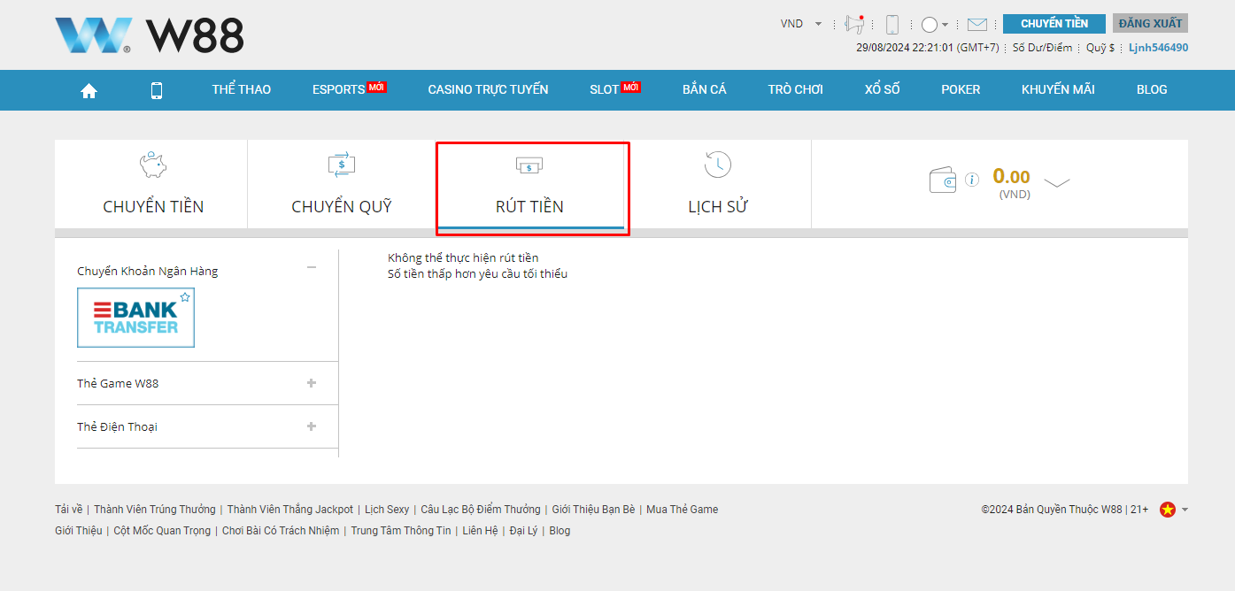 Hướng dẫn rút tiền w88